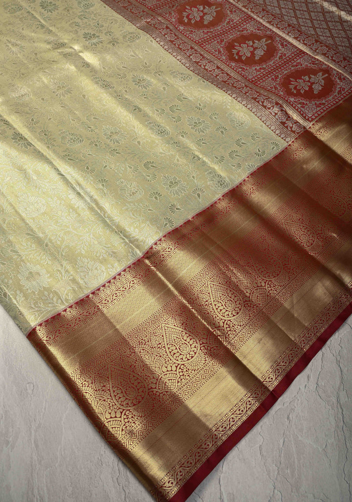 Lime Mist Kanjivaram Tissue Semi Silk Saree with Floral Brocade and Zari Border