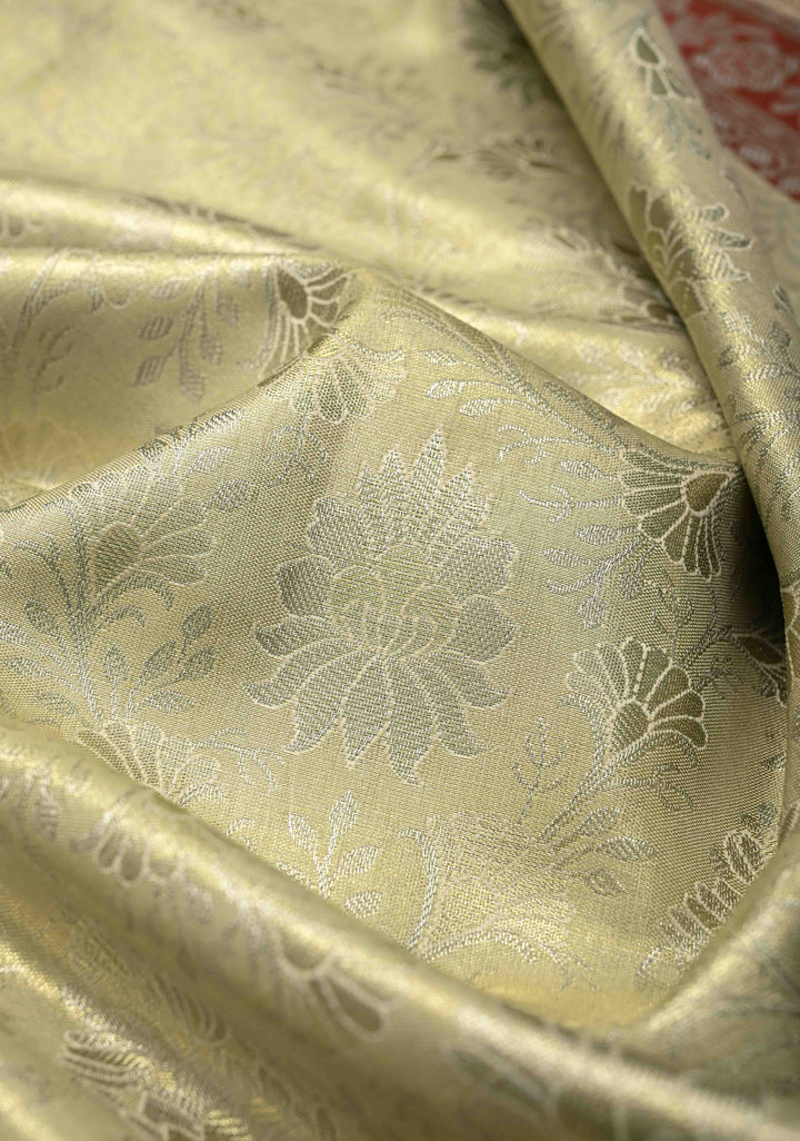 Lime Mist Kanjivaram Tissue Semi Silk Saree with Floral Brocade and Zari Border