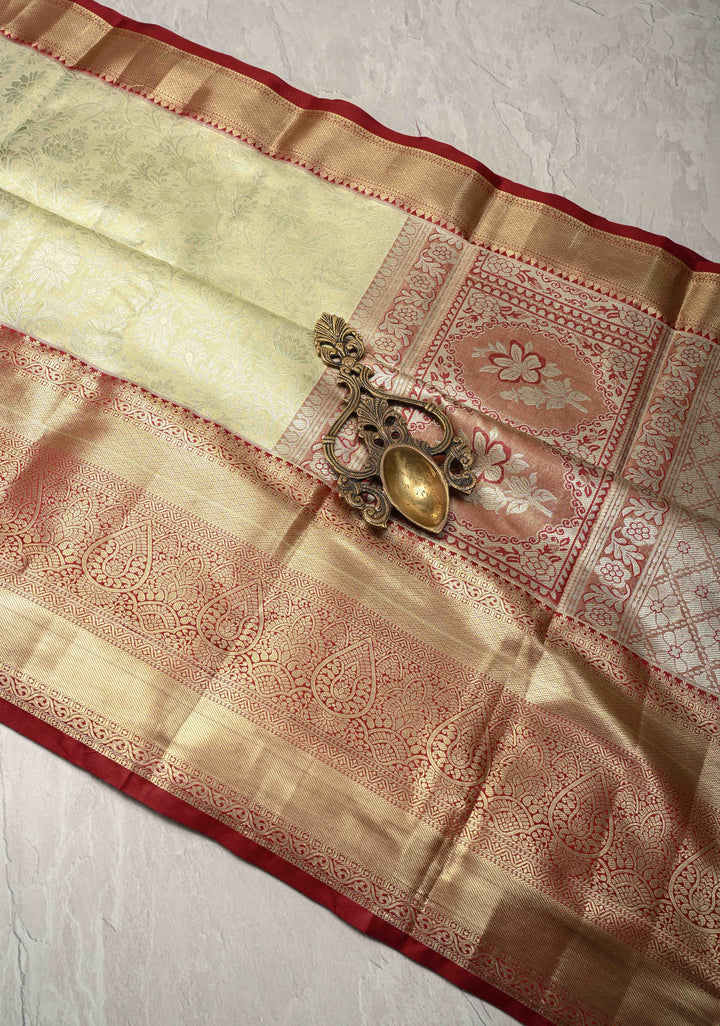 Lime Mist Kanjivaram Tissue Semi Silk Saree with Floral Brocade and Zari Border