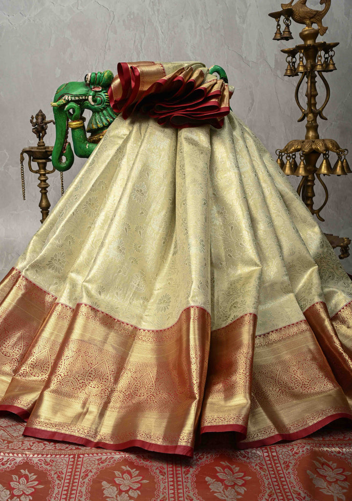 Lime Mist Kanjivaram Tissue Semi Silk Saree with Floral Brocade and Zari Border