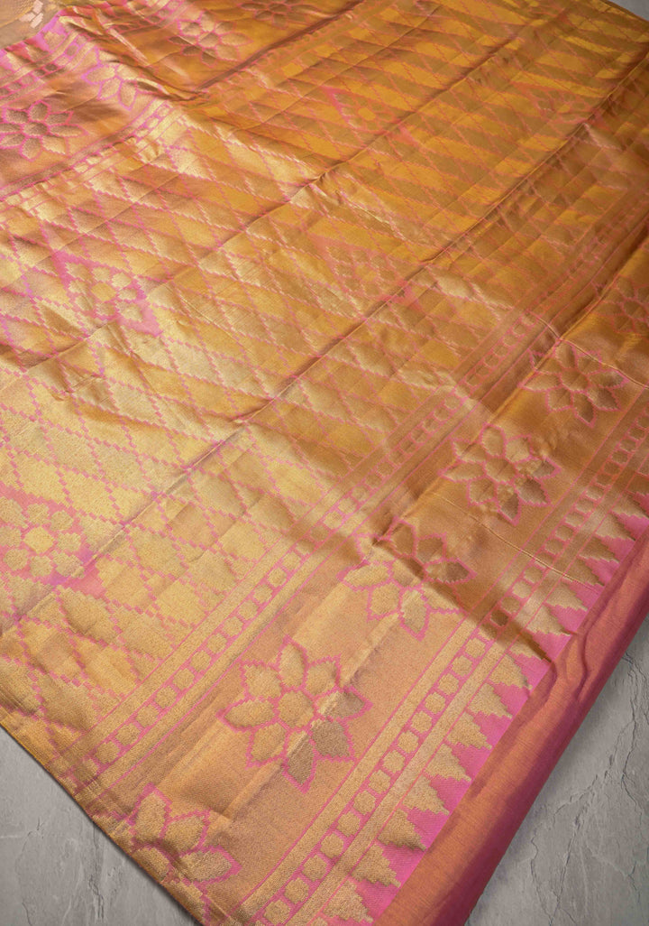 Gold Borderless Tissue Kanjivaram Pure Silk Saree with Meenakari Floral Motifs  | SILK MARK CERTIFIED