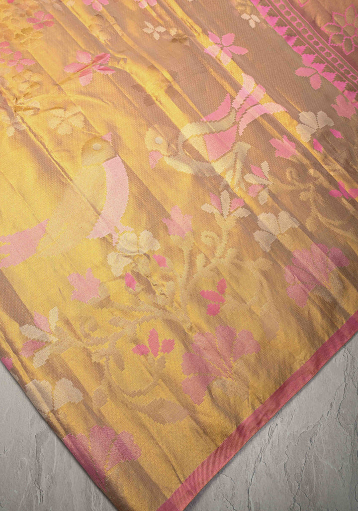 Gold Borderless Tissue Kanjivaram Pure Silk Saree with Meenakari Floral Motifs  | SILK MARK CERTIFIED