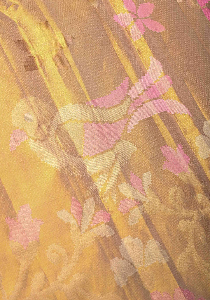 Gold Borderless Tissue Kanjivaram Pure Silk Saree with Meenakari Floral Motifs  | SILK MARK CERTIFIED