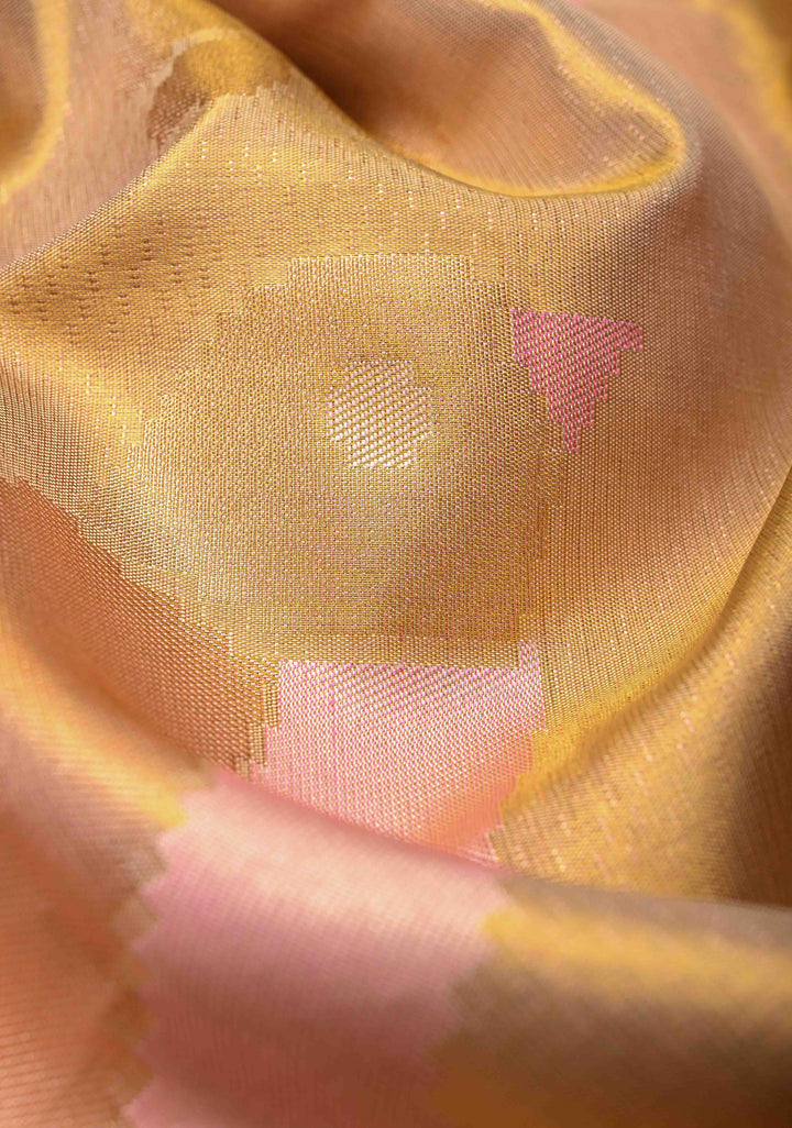 Gold Borderless Tissue Kanjivaram Pure Silk Saree with Meenakari Floral Motifs  | SILK MARK CERTIFIED