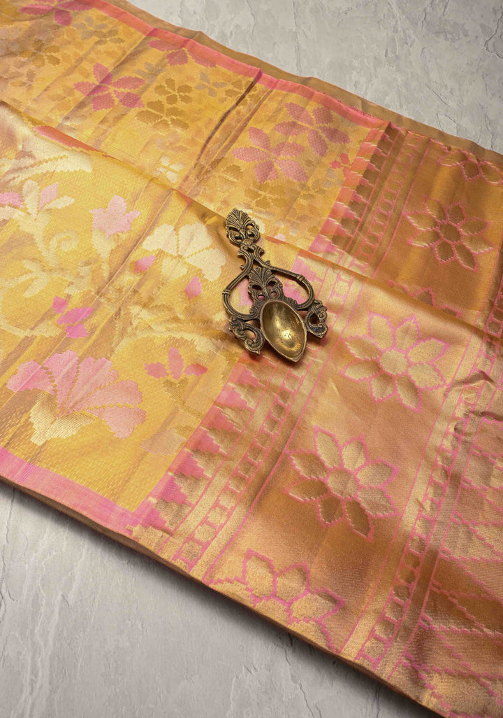 Gold Borderless Tissue Kanjivaram Pure Silk Saree with Meenakari Floral Motifs  | SILK MARK CERTIFIED