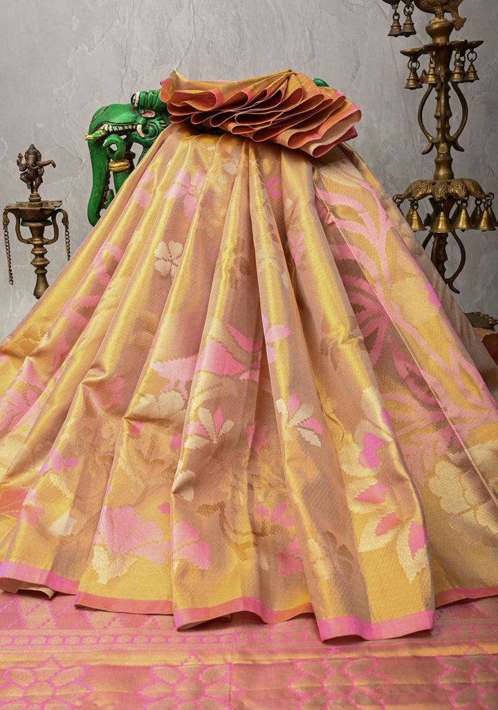 Gold Borderless Tissue Kanjivaram Pure Silk Saree with Meenakari Floral Motifs  | SILK MARK CERTIFIED