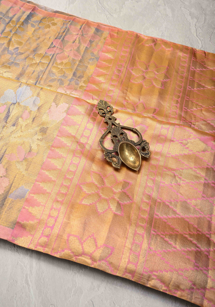Gold-Blue Borderless Tissue Kanjivaram Pure Silk Saree with Meenakari Floral Motifs  | SILK MARK CERTIFIED