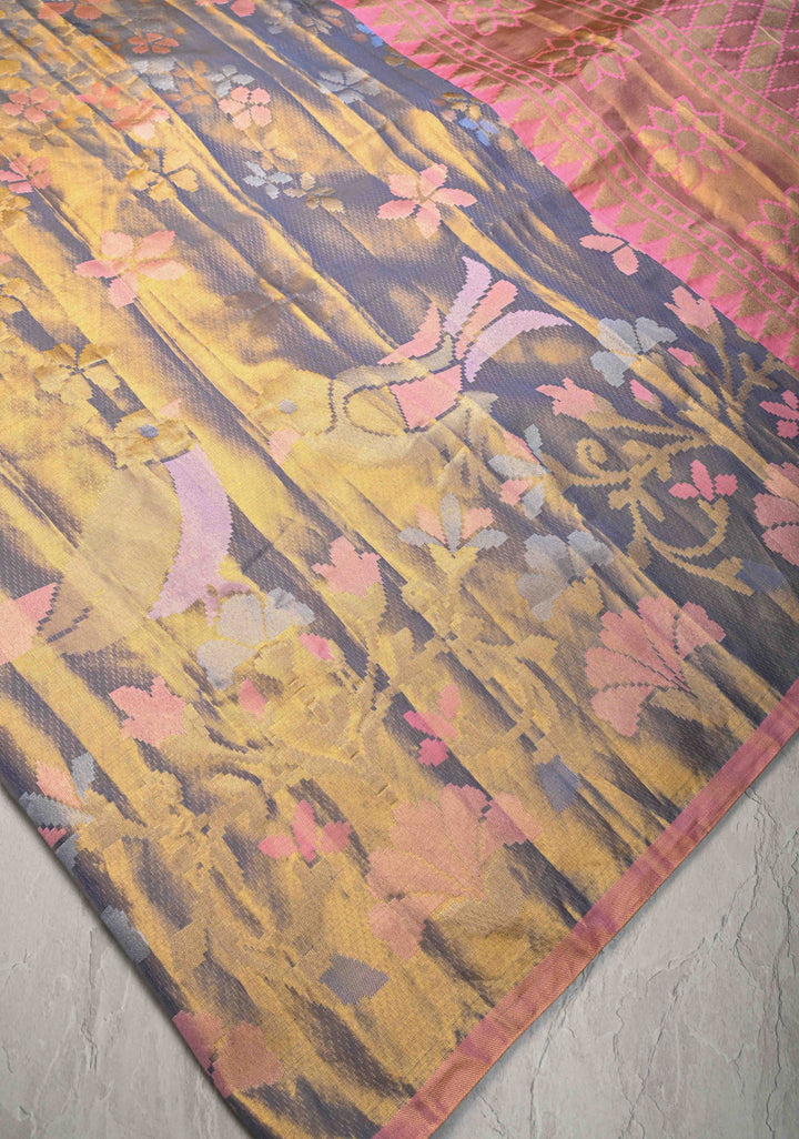 Gold-Blue Borderless Tissue Kanjivaram Pure Silk Saree with Meenakari Floral Motifs  | SILK MARK CERTIFIED