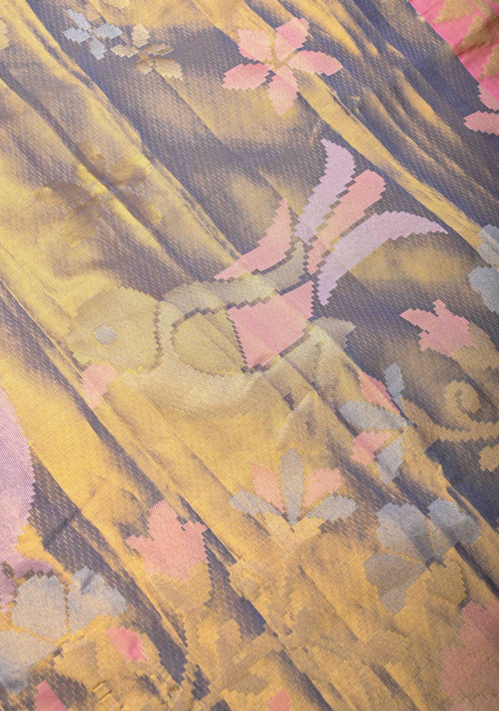 Gold-Blue Borderless Tissue Kanjivaram Pure Silk Saree with Meenakari Floral Motifs  | SILK MARK CERTIFIED