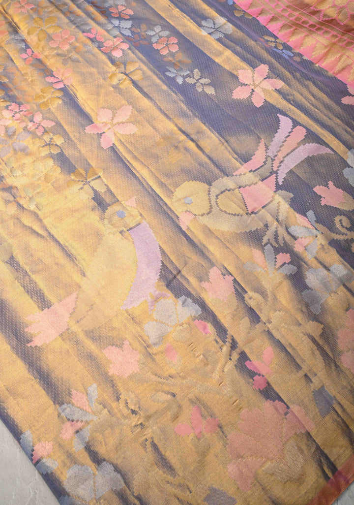 Gold-Blue Borderless Tissue Kanjivaram Pure Silk Saree with Meenakari Floral Motifs  | SILK MARK CERTIFIED