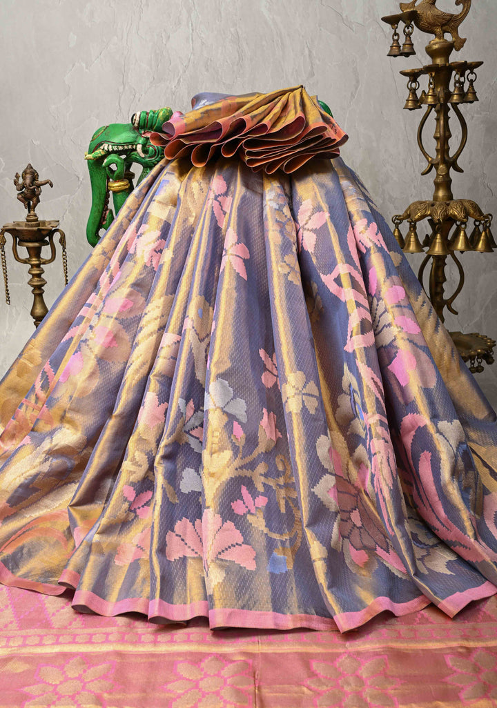 Gold-Blue Borderless Tissue Kanjivaram Pure Silk Saree with Meenakari Floral Motifs  | SILK MARK CERTIFIED