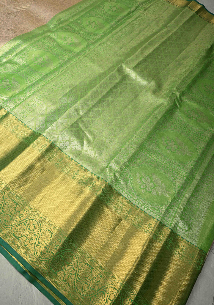 Light Peach Kanjivaram Tissue Semi Silk Saree with Meenakari Floral Brocade Jaal and Contrast Wide Zari Border