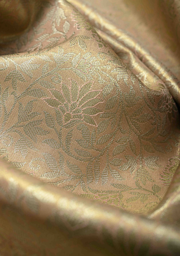 Light Peach Kanjivaram Tissue Semi Silk Saree with Meenakari Floral Brocade Jaal and Contrast Wide Zari Border