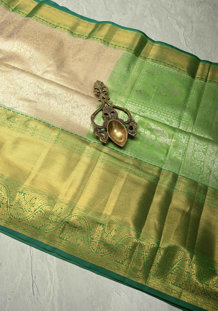 Light Peach Kanjivaram Tissue Semi Silk Saree with Meenakari Floral Brocade Jaal and Contrast Wide Zari Border