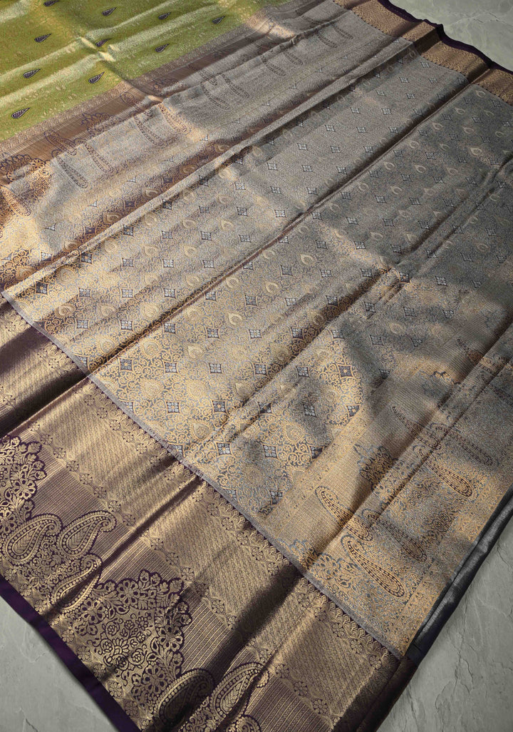 Apple Green Kanjivaram Tissue Semi Silk Saree with Meenakari Floral Brocade Jaal and Contrast Wide Zari Border