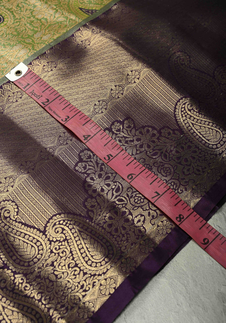 Apple Green Kanjivaram Tissue Semi Silk Saree with Meenakari Floral Brocade Jaal and Contrast Wide Zari Border