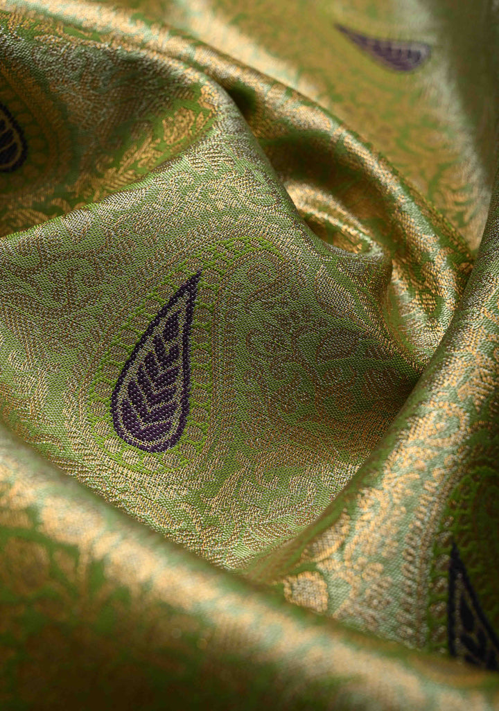 Apple Green Kanjivaram Tissue Semi Silk Saree with Meenakari Floral Brocade Jaal and Contrast Wide Zari Border