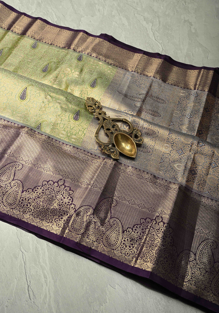 Apple Green Kanjivaram Tissue Semi Silk Saree with Meenakari Floral Brocade Jaal and Contrast Wide Zari Border