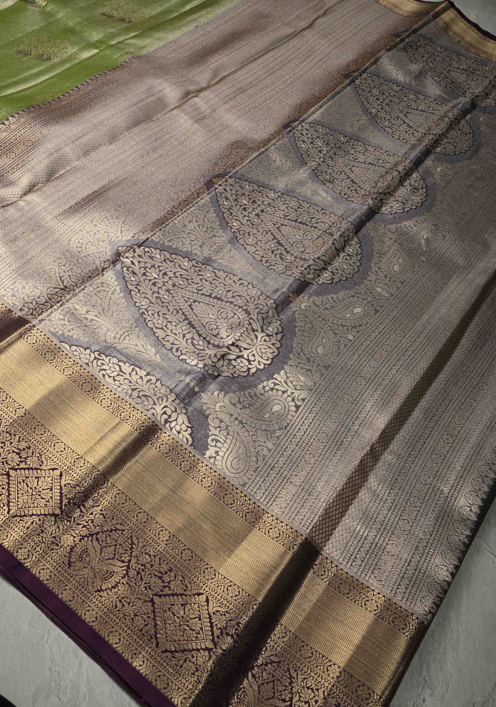 Apple Green Meenakari Tree Butta Kanjivaram Tissue Semi Silk Saree with Geometric Brocade and Contrast Wide Zari Border