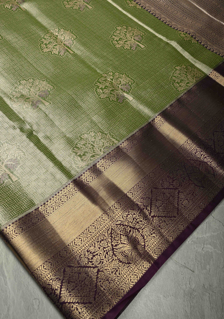 Apple Green Meenakari Tree Butta Kanjivaram Tissue Semi Silk Saree with Geometric Brocade and Contrast Wide Zari Border
