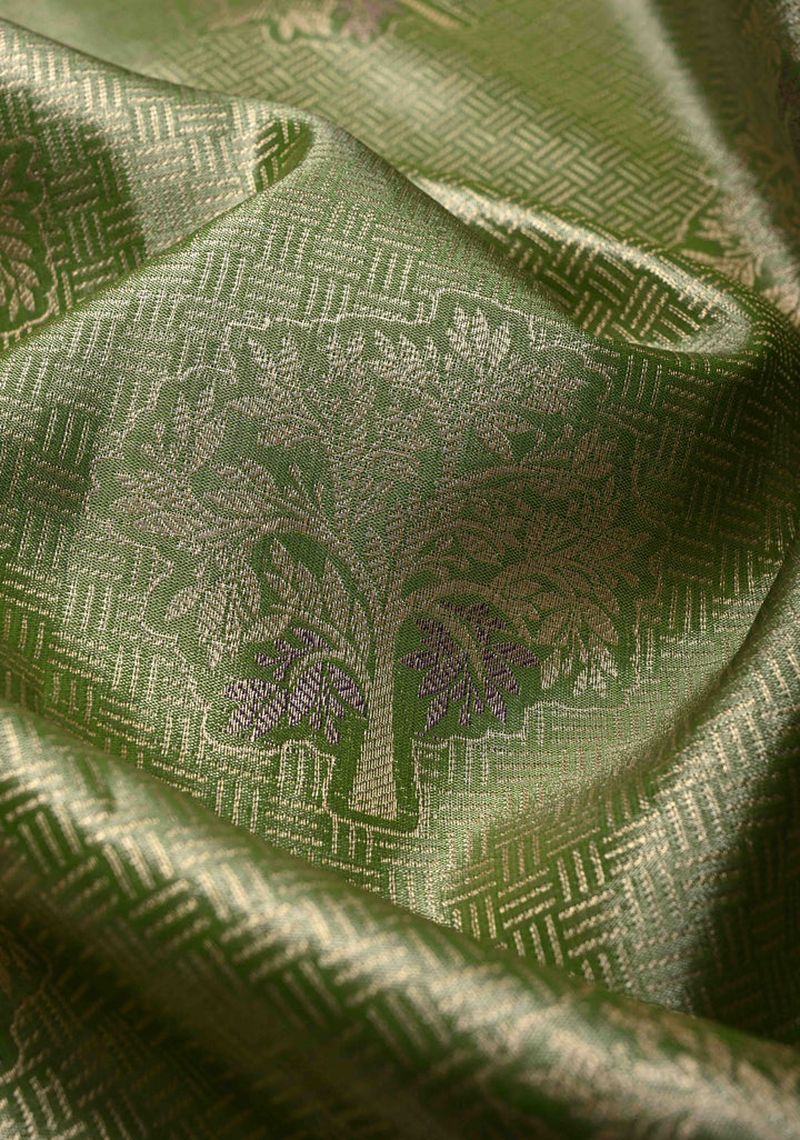 Apple Green Meenakari Tree Butta Kanjivaram Tissue Semi Silk Saree with Geometric Brocade and Contrast Wide Zari Border