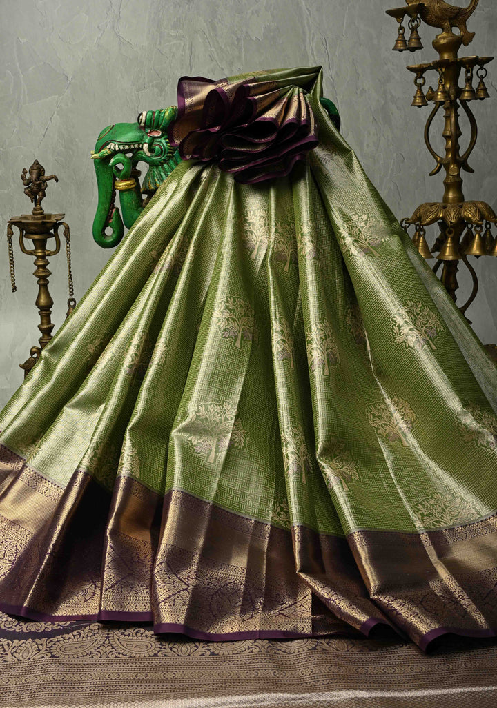 Apple Green Meenakari Tree Butta Kanjivaram Tissue Semi Silk Saree with Geometric Brocade and Contrast Wide Zari Border
