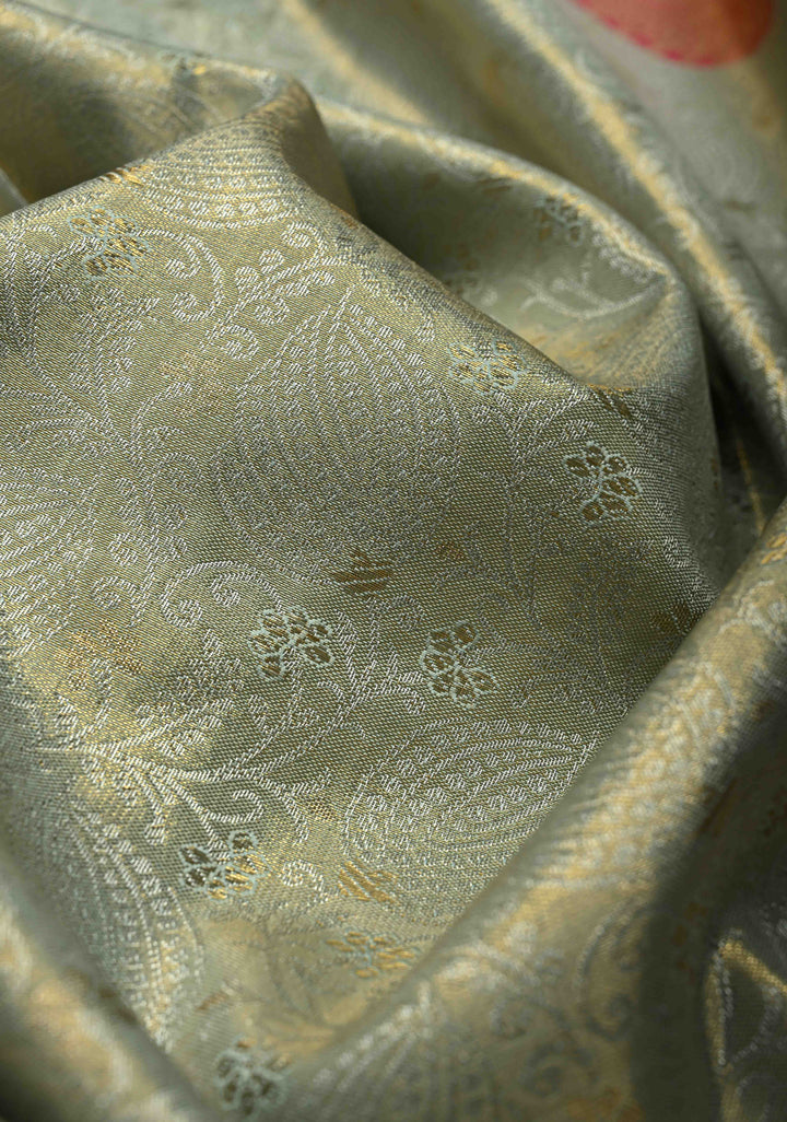 Light Sage Green Kanjivaram Tissue Semi Silk Saree with Meenakari Floral Brocade Jaal and Contrast Wide Zari Border