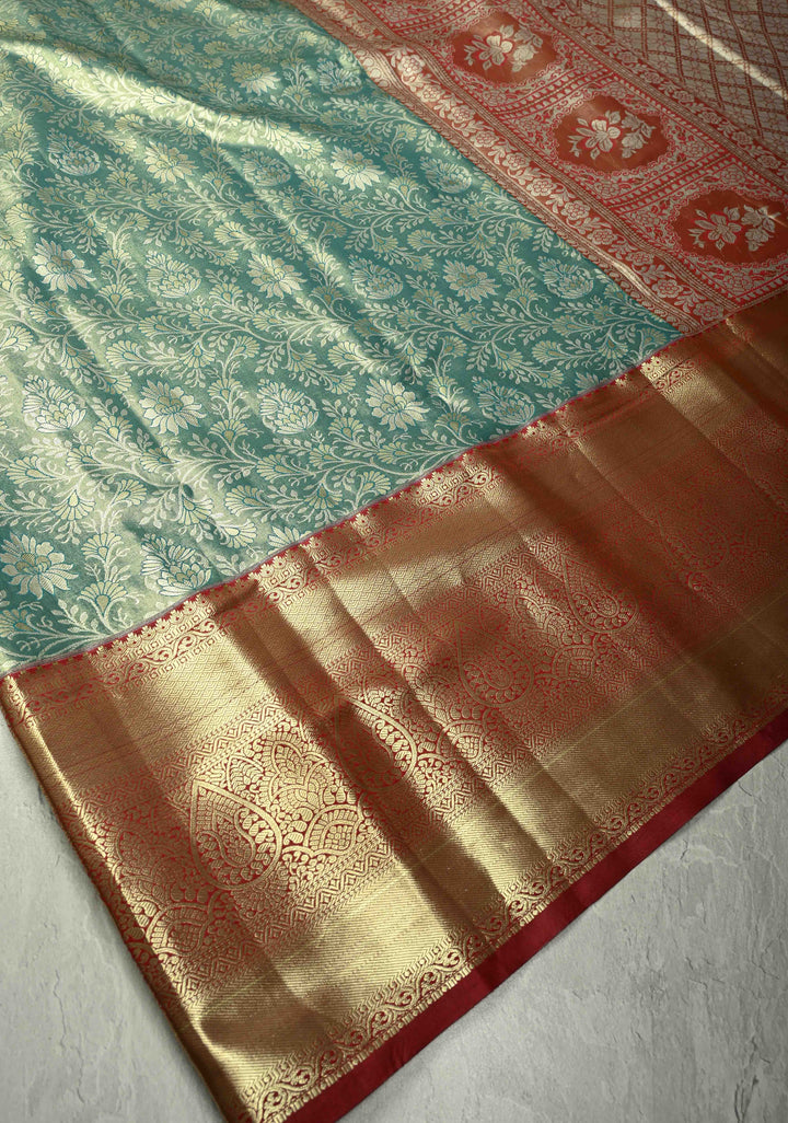 Sea Green Kanjivaram Tissue Semi Silk Saree with Meenakari Floral Brocade Jaal and Contrast Wide Zari Border