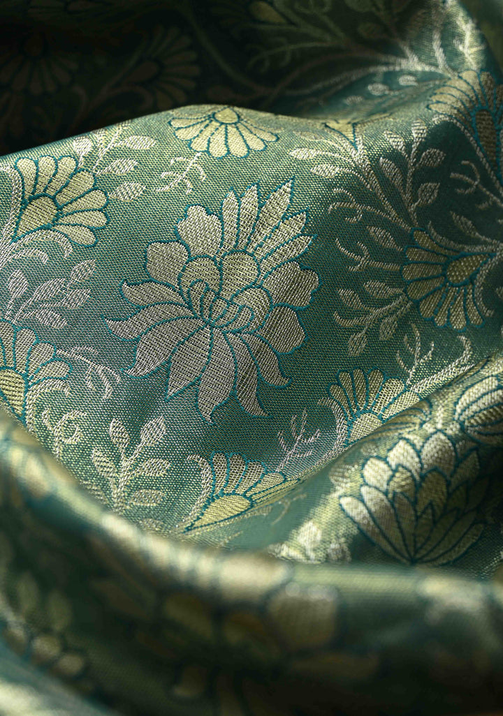 Sea Green Kanjivaram Tissue Semi Silk Saree with Meenakari Floral Brocade Jaal and Contrast Wide Zari Border