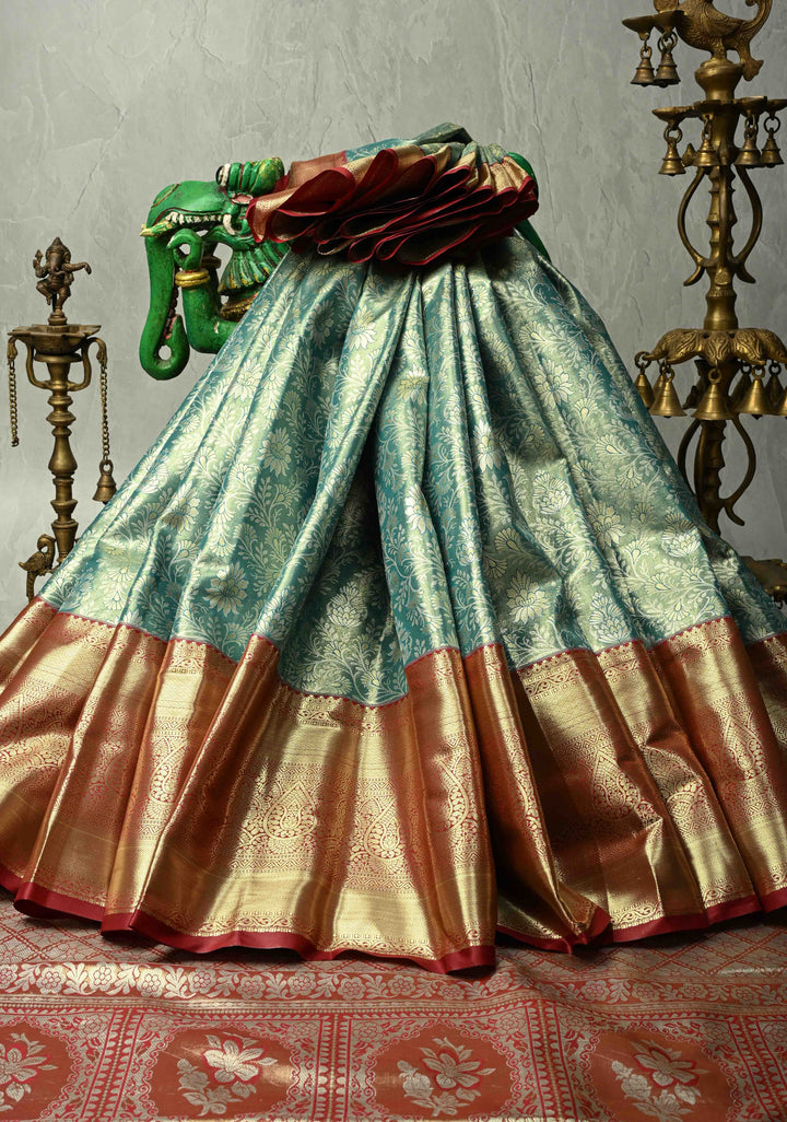 Sea Green Kanjivaram Tissue Semi Silk Saree with Meenakari Floral Brocade Jaal and Contrast Wide Zari Border