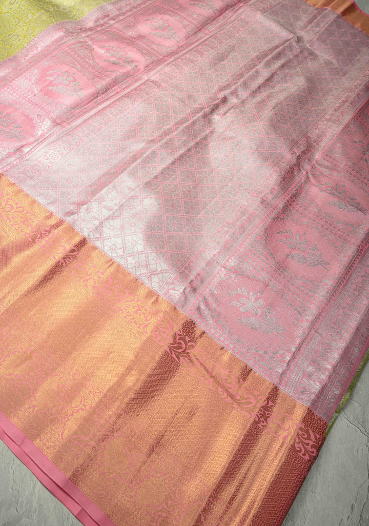 Pastel lime Green  Kanjivaram Tissue Semi Silk Saree with Meenakari Floral Brocade Jaal and Contrast Wide Zari Border