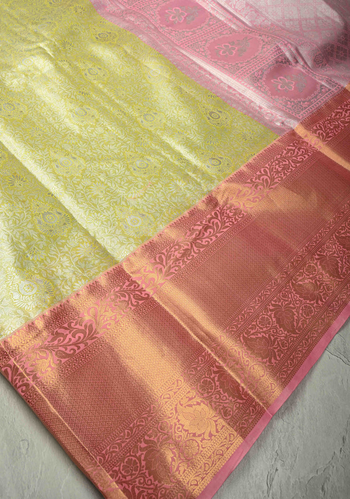 Pastel lime Green  Kanjivaram Tissue Semi Silk Saree with Meenakari Floral Brocade Jaal and Contrast Wide Zari Border