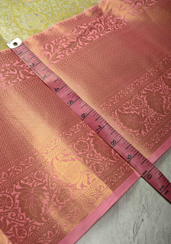 Pastel lime Green  Kanjivaram Tissue Semi Silk Saree with Meenakari Floral Brocade Jaal and Contrast Wide Zari Border