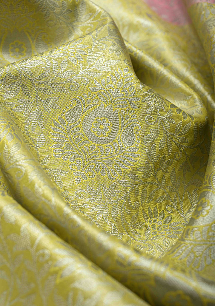 Pastel lime Green  Kanjivaram Tissue Semi Silk Saree with Meenakari Floral Brocade Jaal and Contrast Wide Zari Border