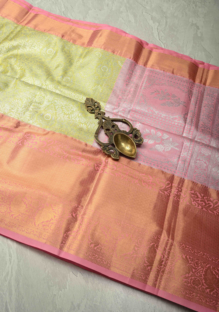 Pastel lime Green  Kanjivaram Tissue Semi Silk Saree with Meenakari Floral Brocade Jaal and Contrast Wide Zari Border