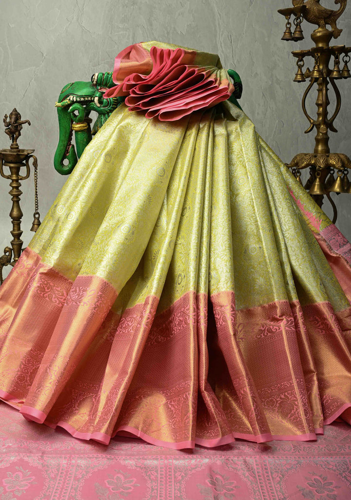 Pastel lime Green  Kanjivaram Tissue Semi Silk Saree with Meenakari Floral Brocade Jaal and Contrast Wide Zari Border