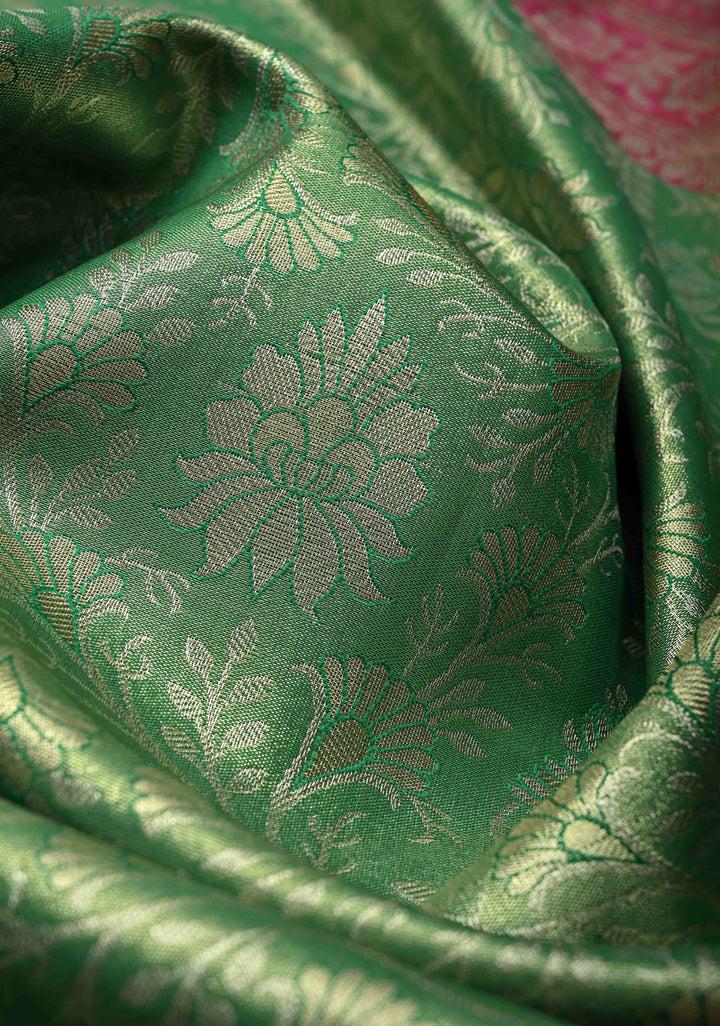 Vibrant Green  Kanjivaram Tissue Semi Silk Saree with Meenakari Floral Brocade Jaal and Contrast Wide Zari Border