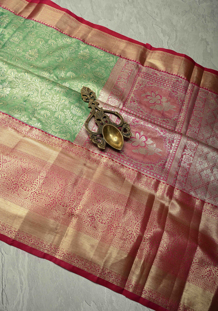 Vibrant Green  Kanjivaram Tissue Semi Silk Saree with Meenakari Floral Brocade Jaal and Contrast Wide Zari Border