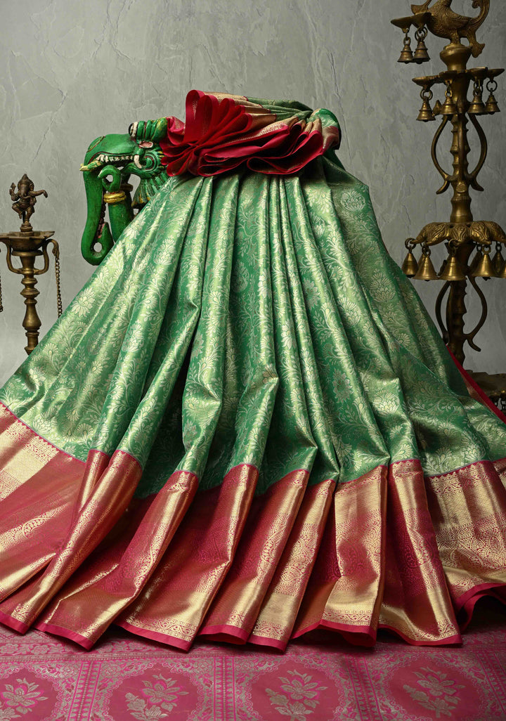 Vibrant Green  Kanjivaram Tissue Semi Silk Saree with Meenakari Floral Brocade Jaal and Contrast Wide Zari Border