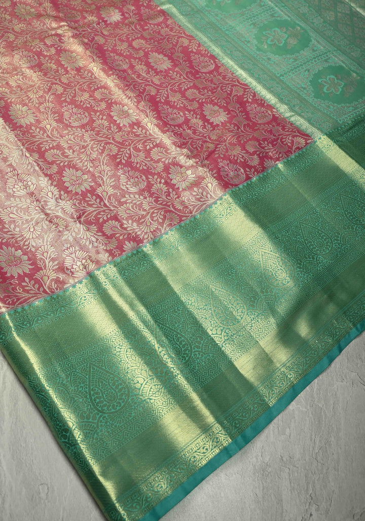 Coral Pink Kanjivaram Tissue Semi Silk Saree with Meenakari Floral Brocade Jaal and Contrast Wide Zari Border