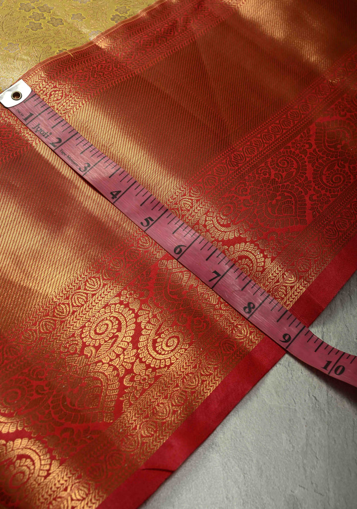 Lemon Yellow Kanjivaram Tissue Semi Silk Saree with Meenakari Floral Brocade Jaal and Contrast Wide Zari Border