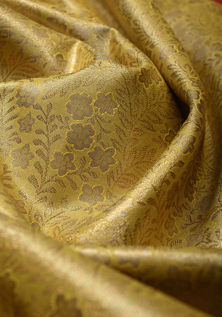 Lemon Yellow Kanjivaram Tissue Semi Silk Saree with Meenakari Floral Brocade Jaal and Contrast Wide Zari Border