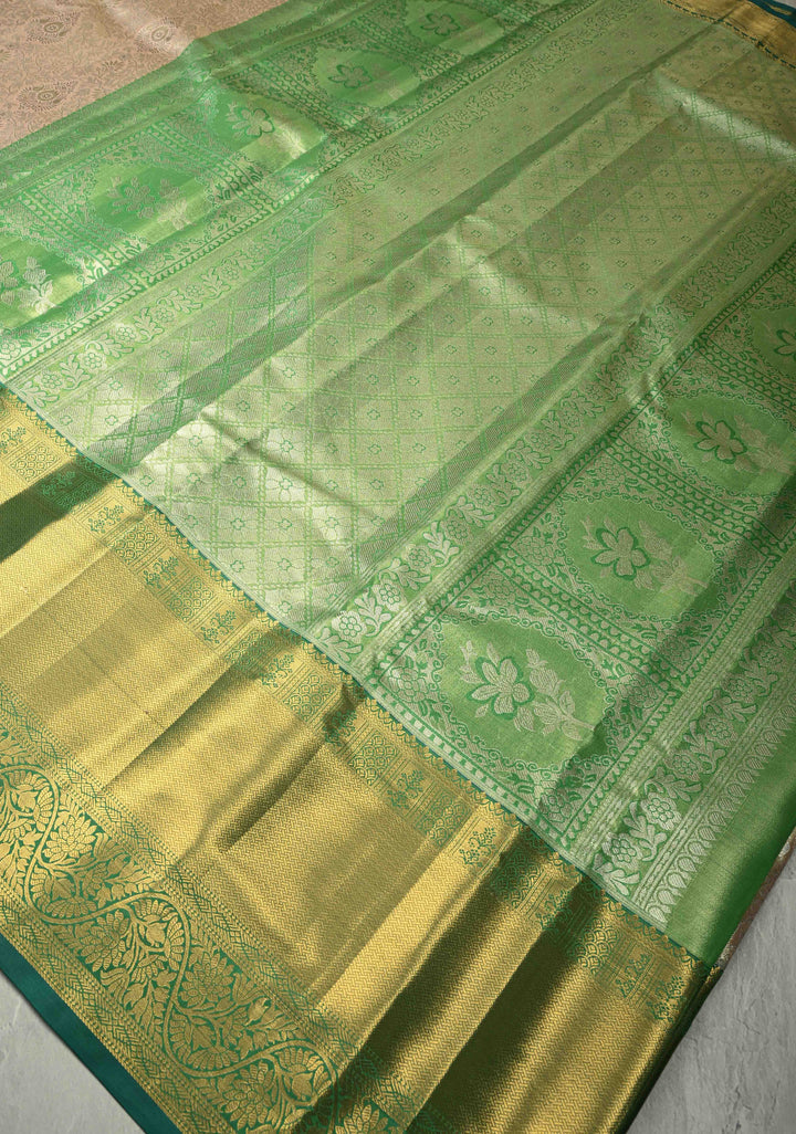 Light Peach Kanjivaram Tissue Semi Silk Saree with Meenakari Floral Brocade Jaal and Contrast Wide Zari Border