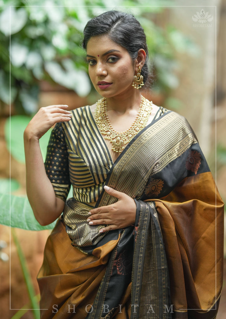 Black and gold stripes and buttas plunge neck mix and match blouse for saree, Made to Order