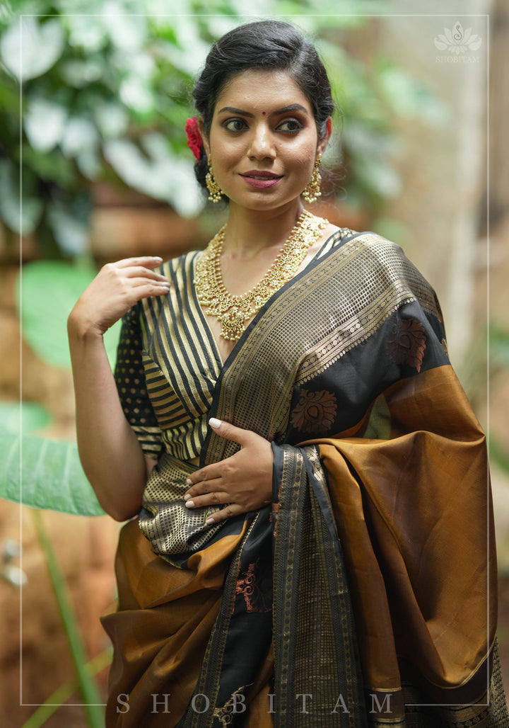 Black and gold stripes and buttas plunge neck mix and match blouse for saree, Made to Order