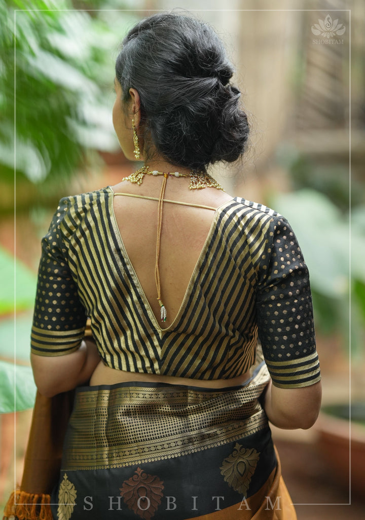 Black and gold stripes and buttas plunge neck mix and match blouse for saree, Made to Order