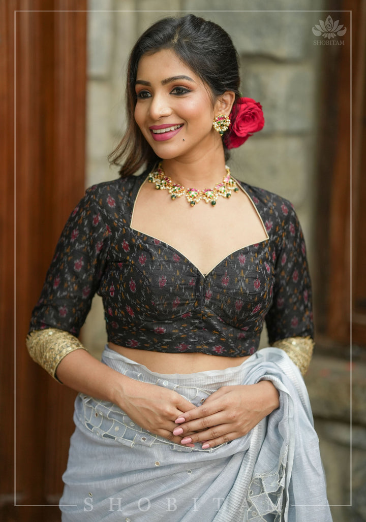 Black Pure Raw Silk Ikkat Weave blouse with Sweetheart neck,3/4 sleeves and gotta detailing, Made to Order