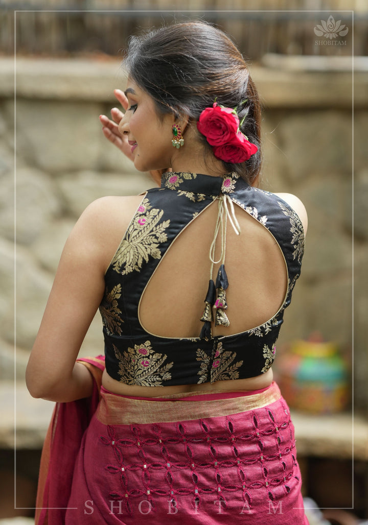 Black Meenakari halter neck mix and match blouse for saree, Made to Order