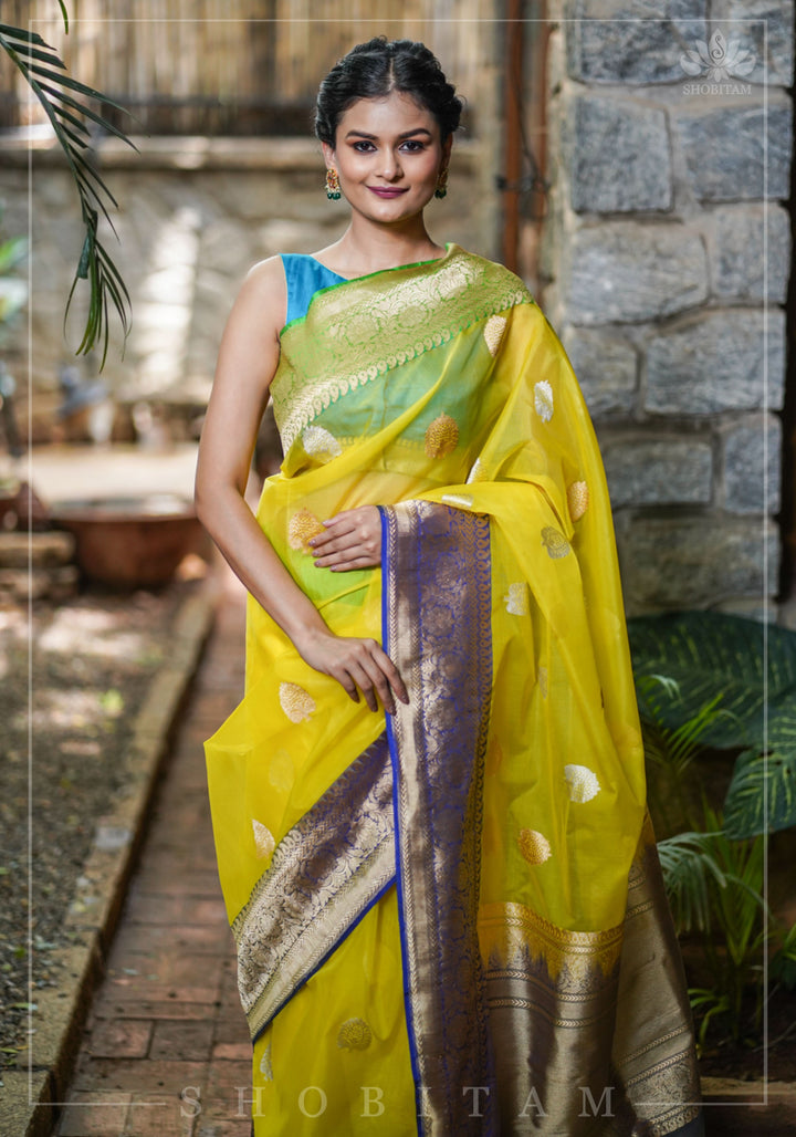 Banarasi Silk Organza Saree in Yellow with Ganga Jamuna Borders | SILK MARK CERTIFIED