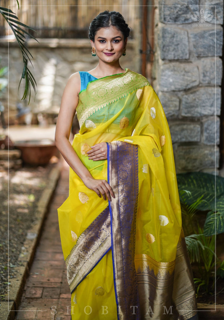 Banarasi Silk Organza Saree in Yellow with Ganga Jamuna Borders | SILK MARK CERTIFIED